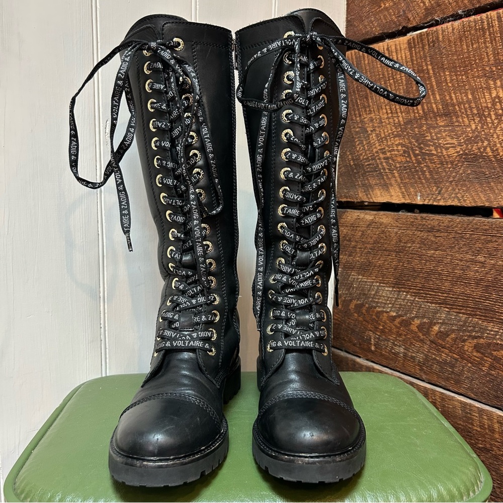 Zadig & Voltaire Goth / Industrial Leather Lace Up Tall Combat Moto Boots 37 - Picture 6 of 13